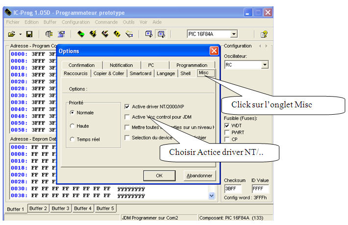 Configuration de icprog pour Windows XP