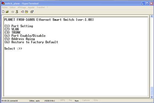 Menu principal du switch Planet