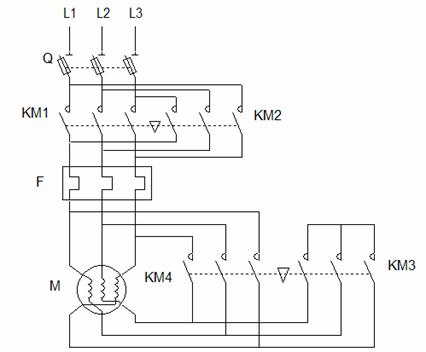 circuit de puissance Démarrage étoile-triangle semi-automatique deux sens de marche